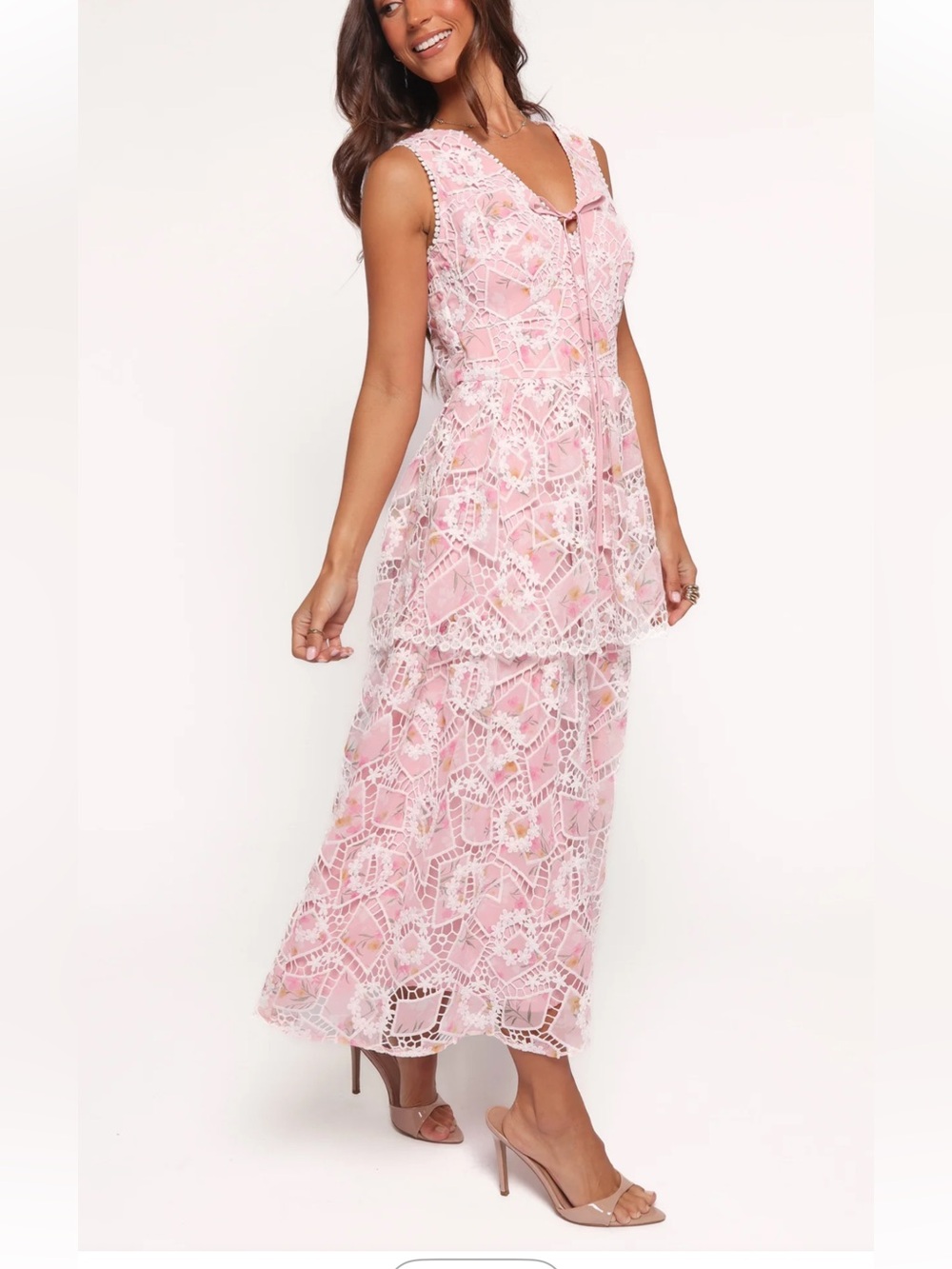Just Me Pink Lace Tiered Midi Dress